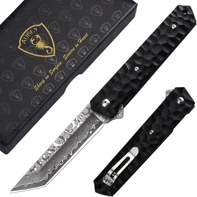 AUBEY Damascus Pocket Knife, Tanto VG10 Core Damascus Steel Folding Knives with Ball Bearing, Aluminum Alloy Non-Slip Handle and Glass Breaker, EDC Damascus Knife for Men Women (Black) - Image 1